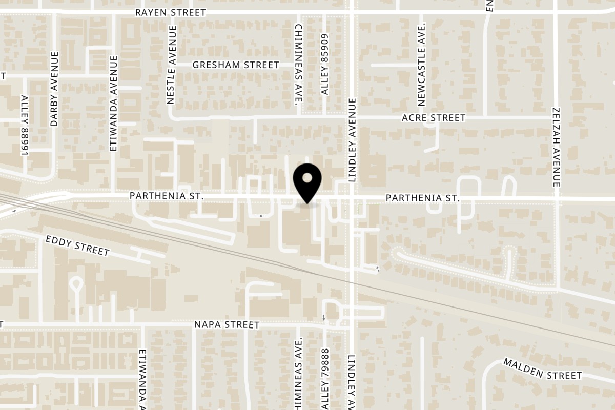 Map showing the location of Halal Kitchen Cafe on 18112 Parthenia St STE B in Northridge